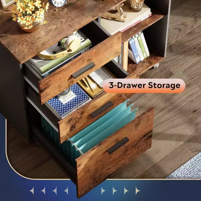 GALAXHERO Meuble de Rangement Mobile à 3 Tiroirs en Bois avec Étagères Ouvertes, Support d'Imprimante pour Bureau à Domicile