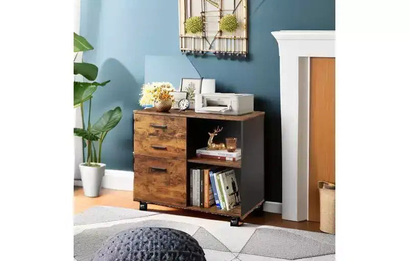 GALAXHERO Meuble de Rangement Mobile à 3 Tiroirs en Bois avec Étagères Ouvertes, Support d'Imprimante pour Bureau à Domicile