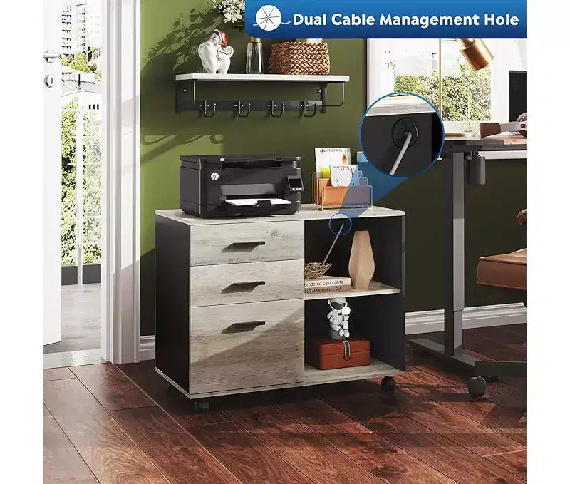 GALAXHERO Meuble de Rangement Mobile à 3 Tiroirs en Bois avec Étagères Ouvertes, Support d'Imprimante pour Bureau à Domicile