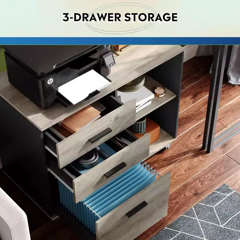 GALAXHERO Meuble de Rangement Mobile à 3 Tiroirs en Bois avec Étagères Ouvertes, Support d'Imprimante pour Bureau à Domicile