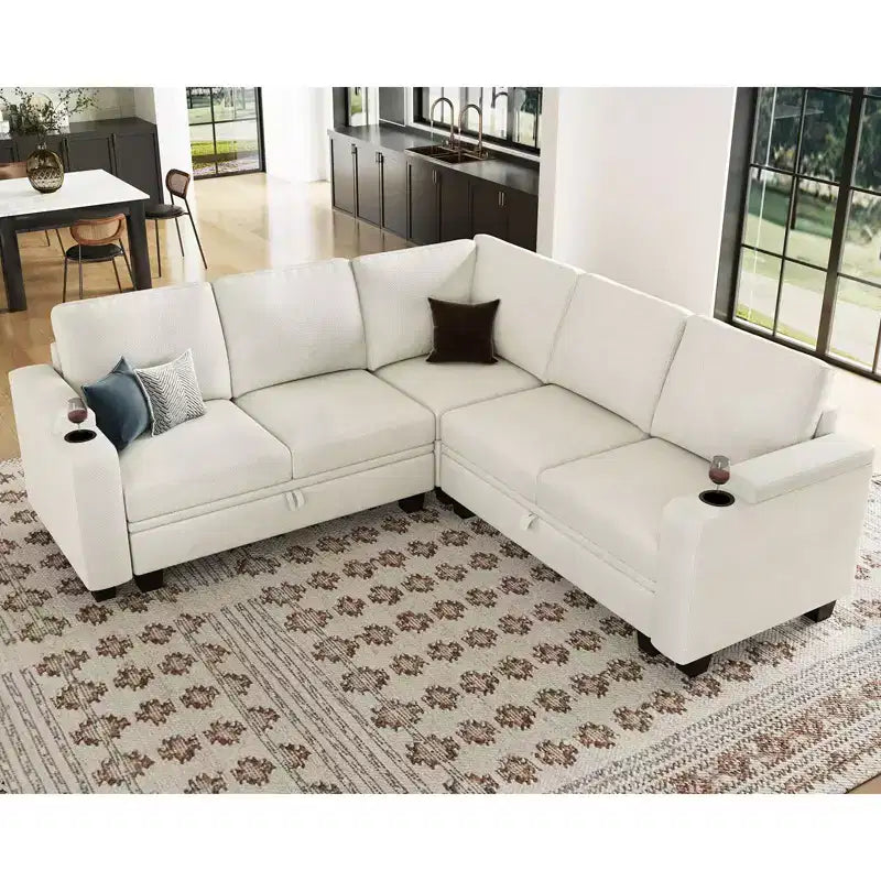 Canapé d'angle en tissu Belffin - Conception modulaire avec rangement dissimulé et porte-gobelet amovible