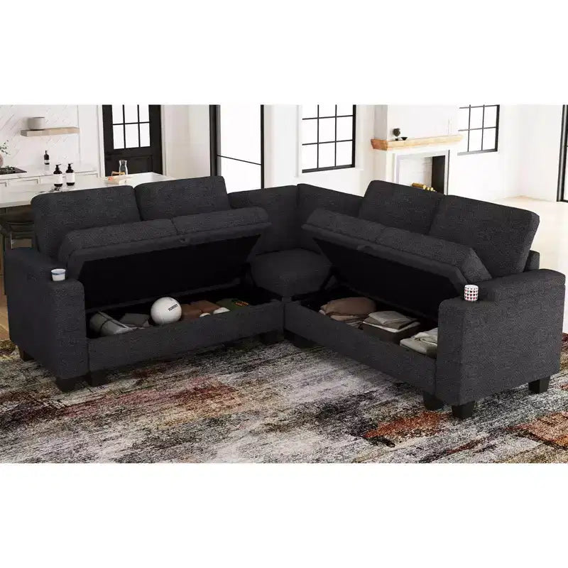 Canapé d'angle en tissu Belffin - Conception modulaire avec rangement dissimulé et porte-gobelet amovible