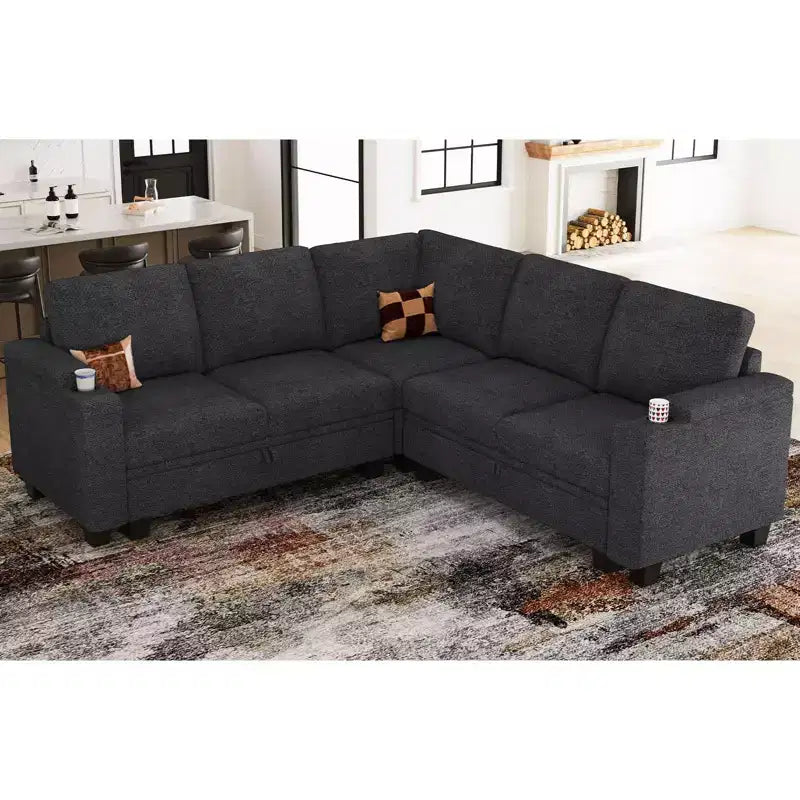 Canapé d'angle en tissu Belffin - Conception modulaire avec rangement dissimulé et porte-gobelet amovible