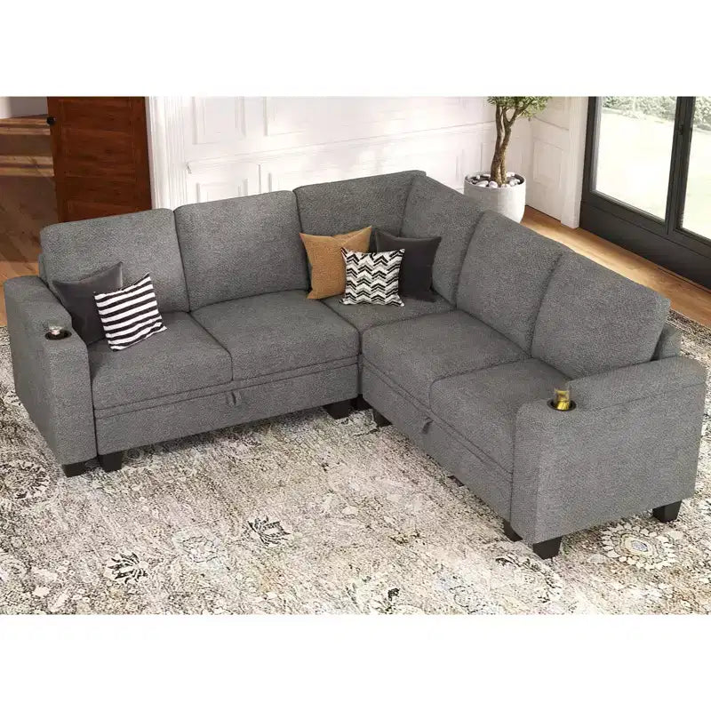 Canapé d'angle en tissu Belffin - Conception modulaire avec rangement dissimulé et porte-gobelet amovible