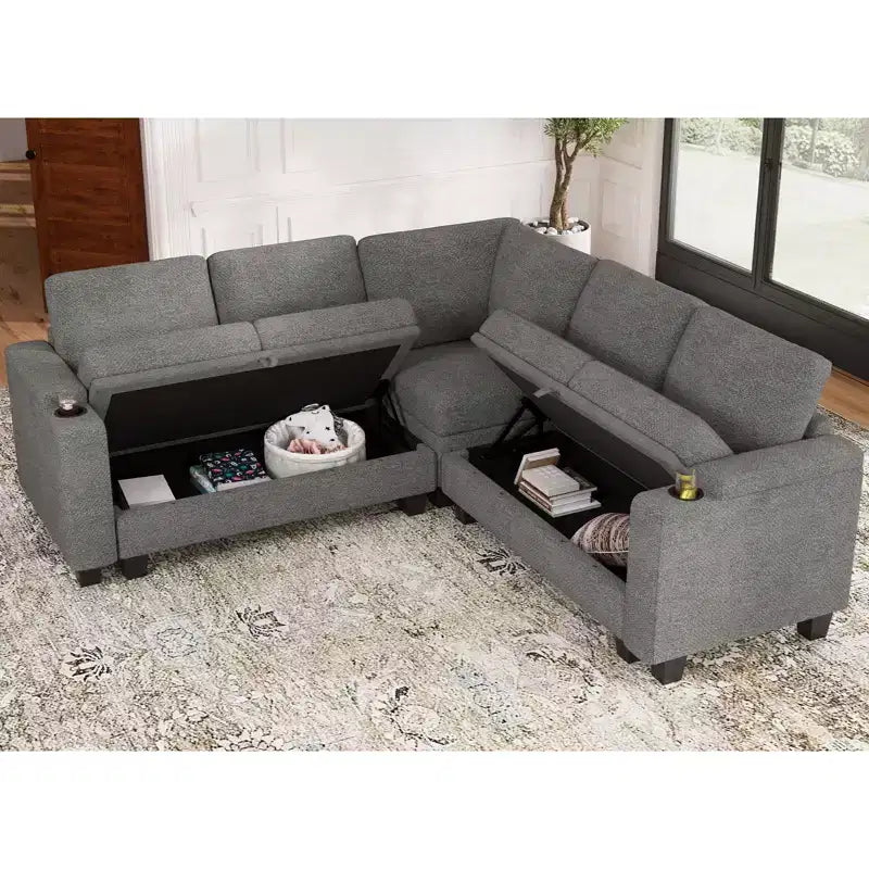 Canapé d'angle en tissu Belffin - Conception modulaire avec rangement dissimulé et porte-gobelet amovible