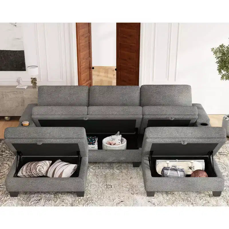 Canapé d'angle modulable 5 places en U Belffin Compact – avec rangement et porte-gobelet