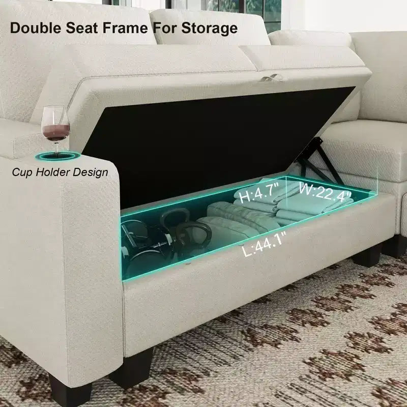 Canapé d'angle modulable 5 places en U Belffin Compact – avec rangement et porte-gobelet