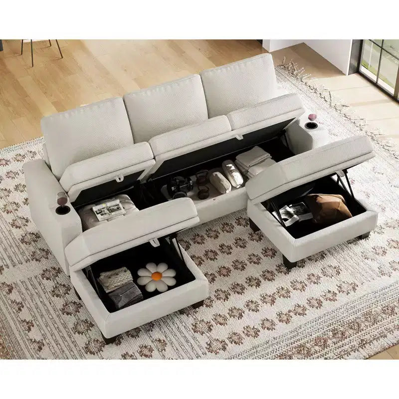 Canapé d'angle modulable 5 places en U Belffin Compact – avec rangement et porte-gobelet