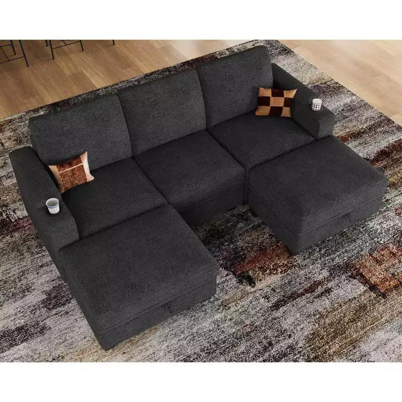Canapé d'angle modulable 5 places en U Belffin Compact – avec rangement et porte-gobelet