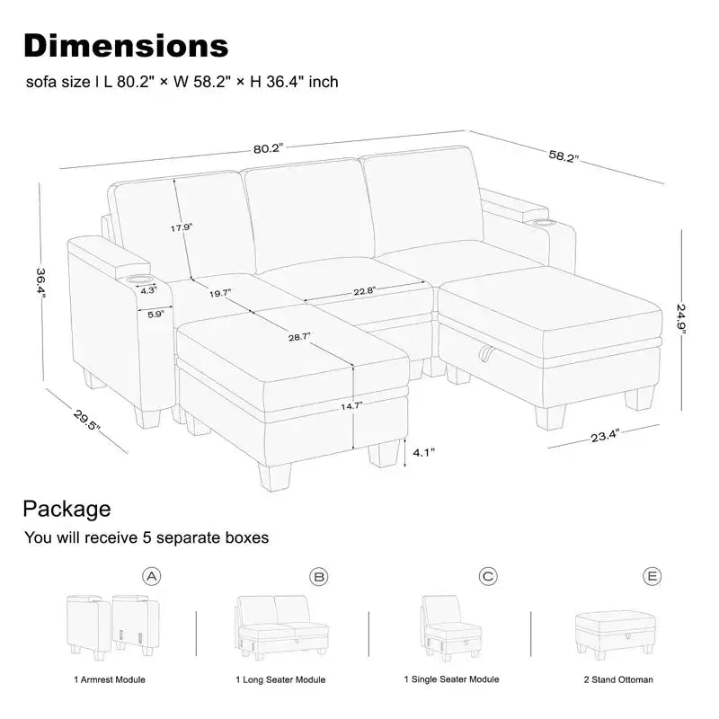 Canapé d'angle modulable 5 places en U Belffin Compact – avec rangement et porte-gobelet