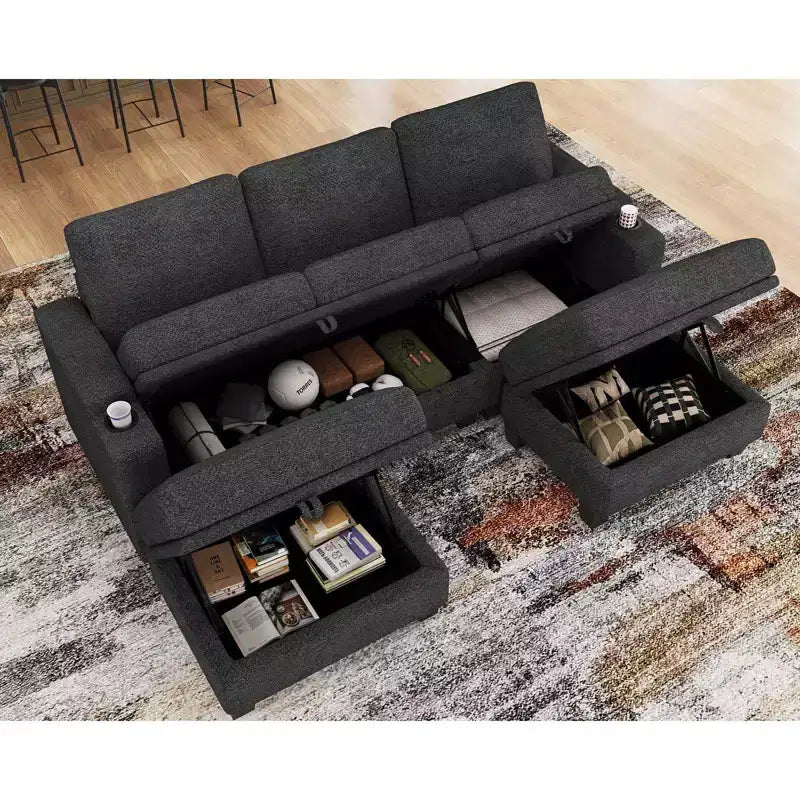 Canapé d'angle modulable 5 places en U Belffin Compact – avec rangement et porte-gobelet
