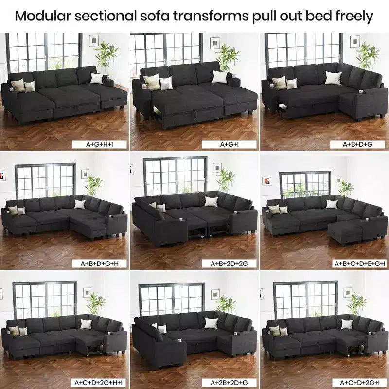 Canapé d'angle modulable 6 places en chenille Belffin avec lit gigogne et double méridienne de rangement