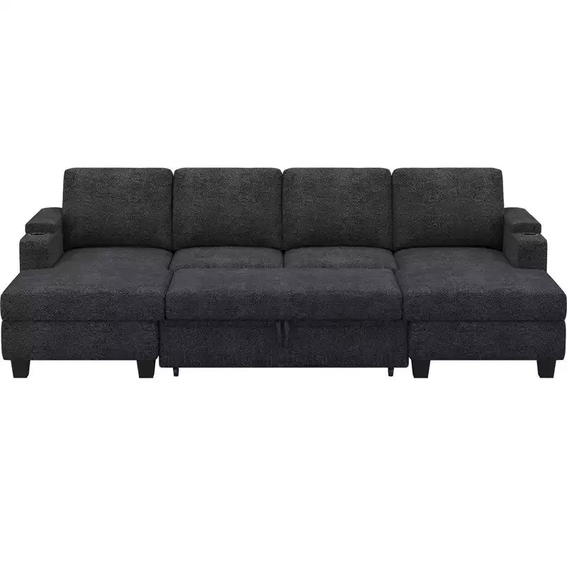 Canapé d'angle modulable 6 places en chenille Belffin avec lit gigogne et double méridienne de rangement