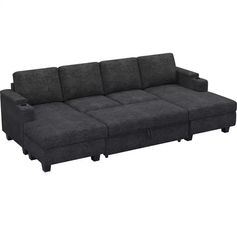 Canapé d'angle modulable 6 places en chenille Belffin avec lit gigogne et double méridienne de rangement