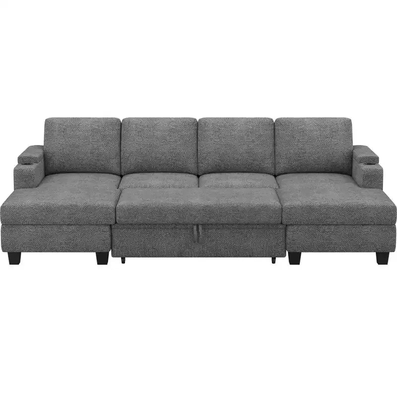 Canapé d'angle modulable 6 places en chenille Belffin avec lit gigogne et double méridienne de rangement