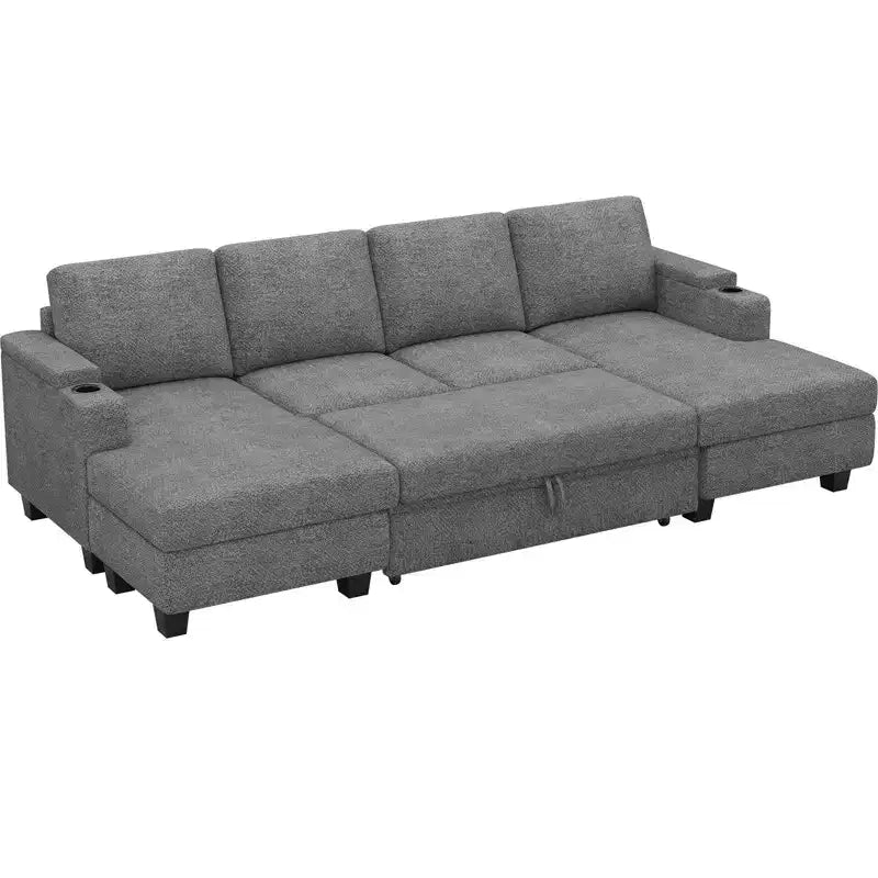 Canapé d'angle modulable 6 places en chenille Belffin avec lit gigogne et double méridienne de rangement