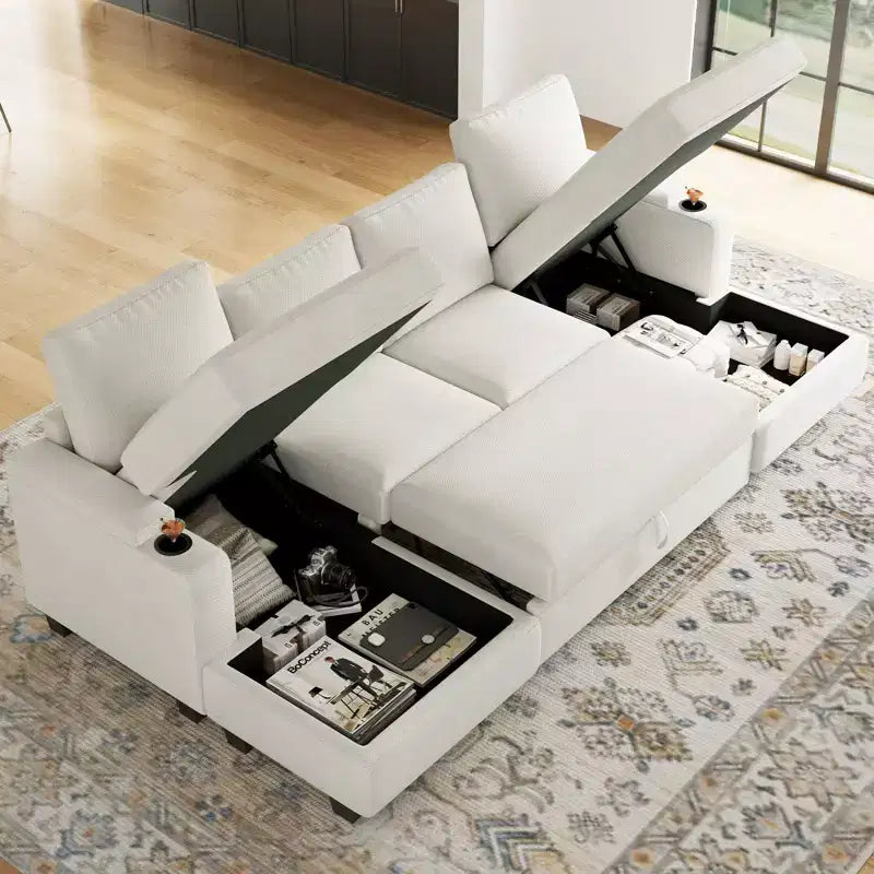 Canapé d'angle modulable 6 places en chenille Belffin avec lit gigogne et double méridienne de rangement
