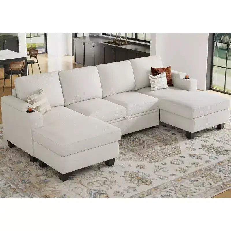 Canapé d'angle modulable 6 places en chenille Belffin avec lit gigogne et double méridienne de rangement
