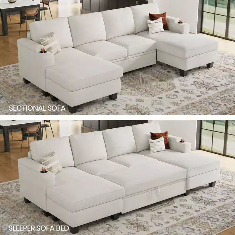 Canapé d'angle modulable 6 places en chenille Belffin avec lit gigogne et double méridienne de rangement