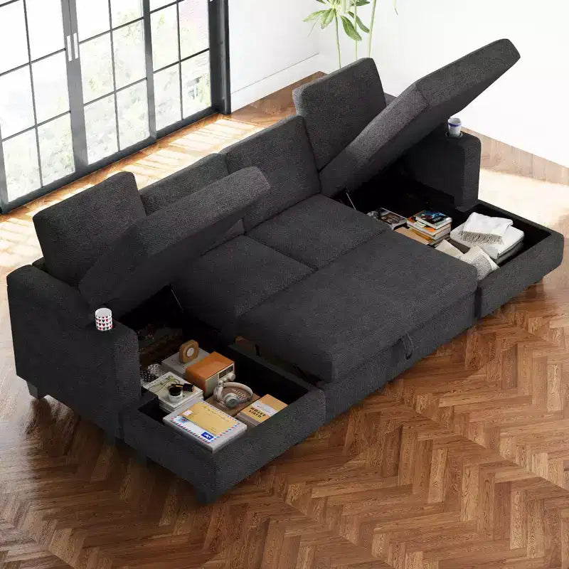 Canapé d'angle modulable 6 places en chenille Belffin avec lit gigogne et double méridienne de rangement