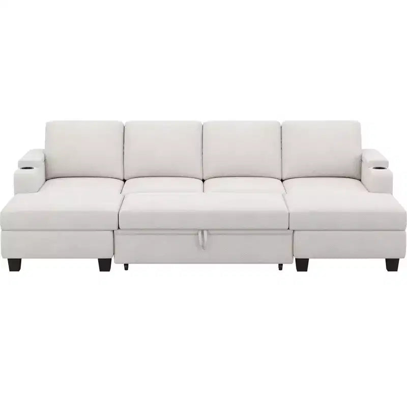 Canapé d'angle modulable 6 places en chenille Belffin avec lit gigogne et double méridienne de rangement