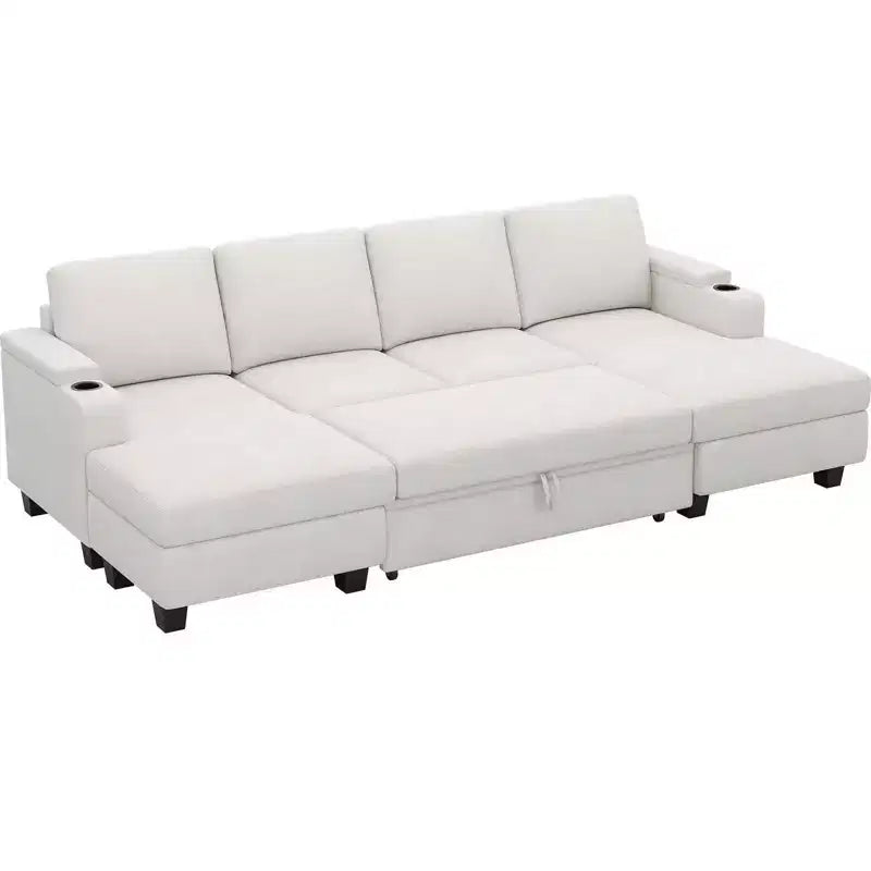 Canapé d'angle modulable 6 places en chenille Belffin avec lit gigogne et double méridienne de rangement