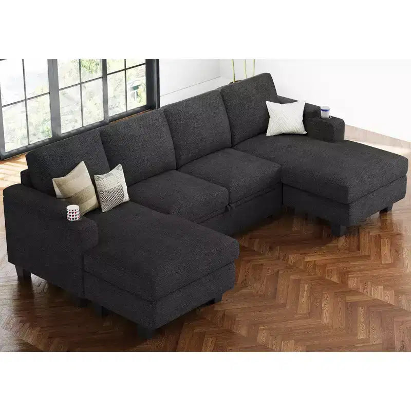 Canapé d'angle modulable 6 places en chenille Belffin avec lit gigogne et double méridienne de rangement