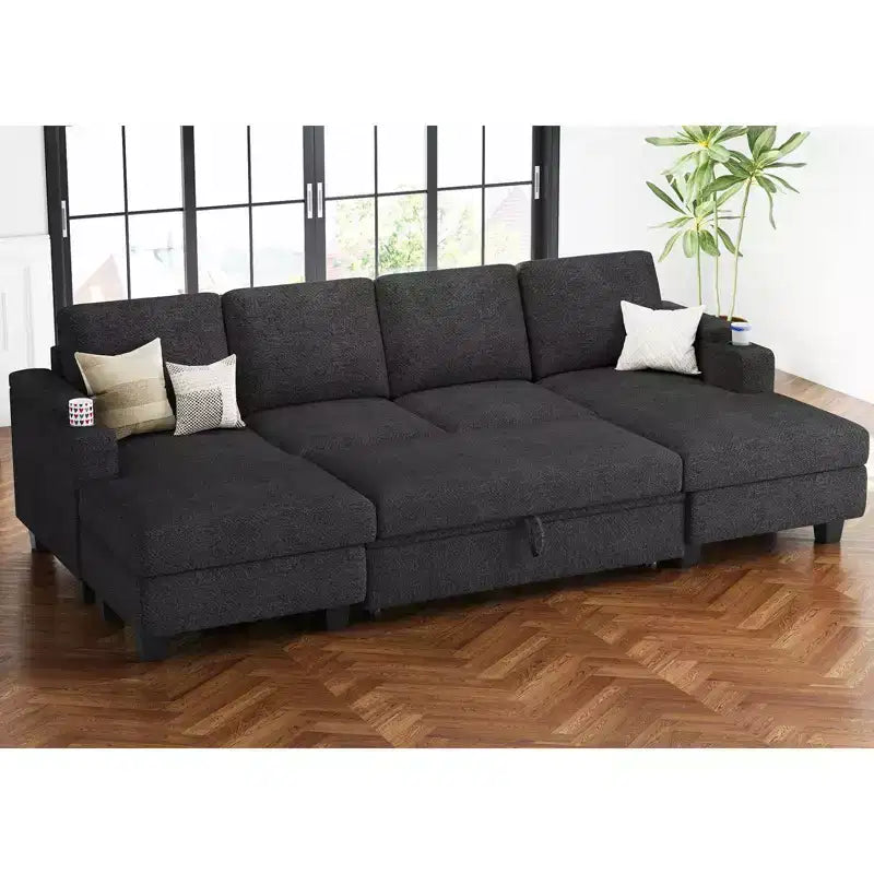 Belffin U-Shaped 6-Seater Sleeper Sectional - Modular Chenille Couch with Pull-Out Bed & Dual Storage Chaise
