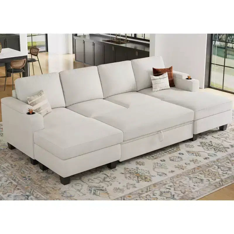 Canapé d'angle modulable 6 places en chenille Belffin avec lit gigogne et double méridienne de rangement