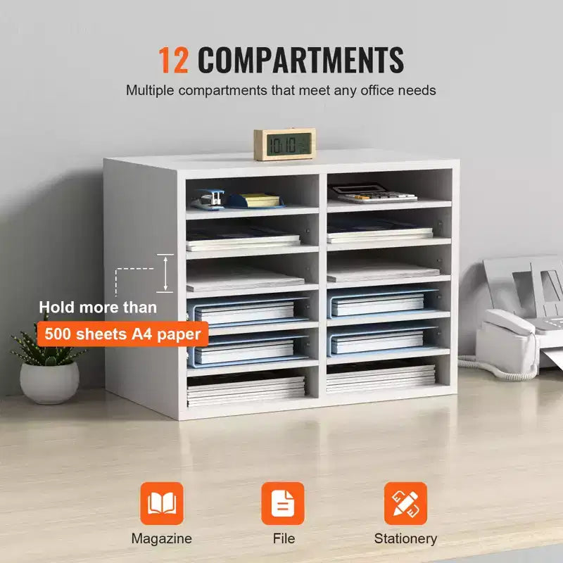 Organisateurs de documents VEVOR, Casier de bureau à 12 compartiments avec étagères réglables, Trieur de documents en bois 51,8x30,5x40,9 cm, Certifié EPA