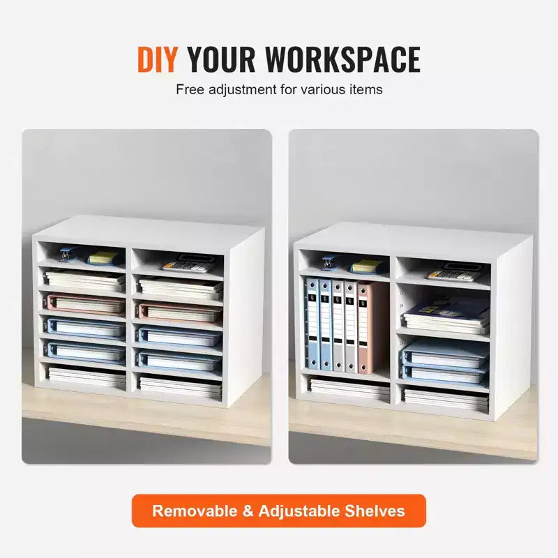 Organisateurs de documents VEVOR, Casier de bureau à 12 compartiments avec étagères réglables, Trieur de documents en bois 51,8x30,5x40,9 cm, Certifié EPA