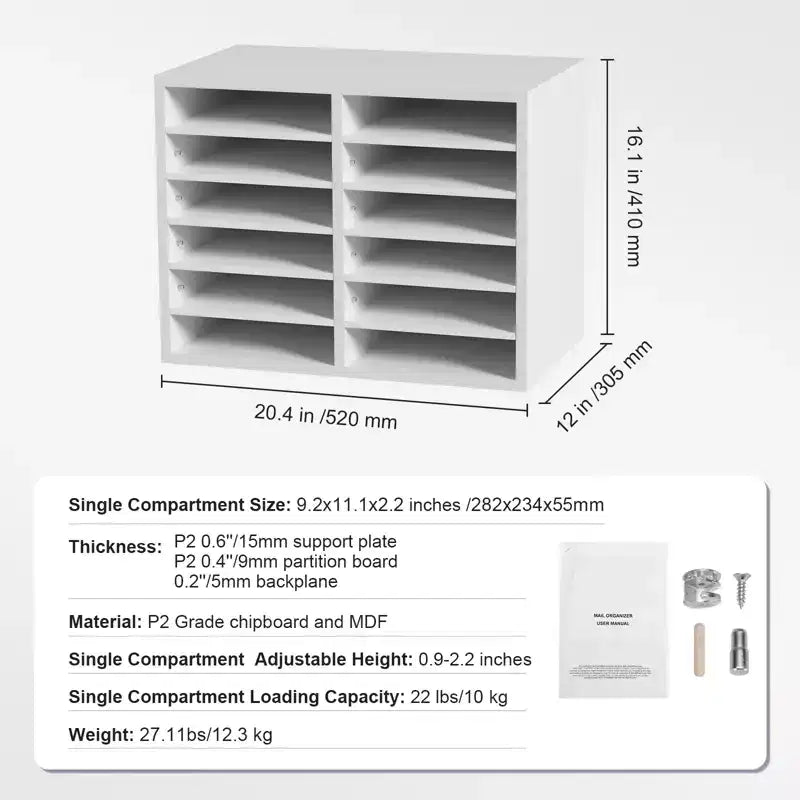 Organisateurs de documents VEVOR, Casier de bureau à 12 compartiments avec étagères réglables, Trieur de documents en bois 51,8x30,5x40,9 cm, Certifié EPA