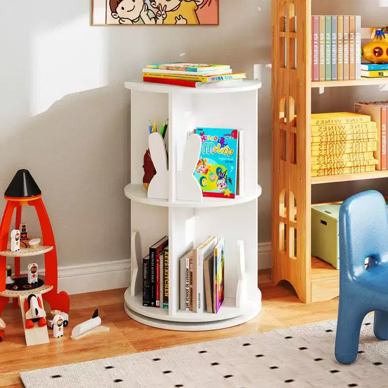 Costway Étagère à livres rotative pour enfants, 2 niveaux, autoportante, présentoir de rangement rotatif à 360°, blanc/rose