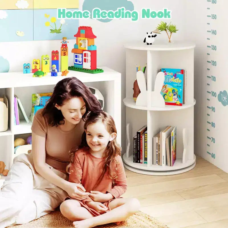 Costway Étagère à livres rotative pour enfants, 2 niveaux, autoportante, présentoir de rangement rotatif à 360°, blanc/rose