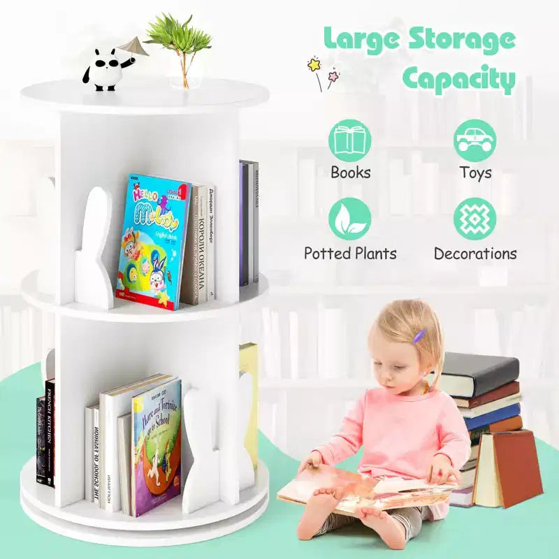 Costway Étagère à livres rotative pour enfants, 2 niveaux, autoportante, présentoir de rangement rotatif à 360°, blanc/rose