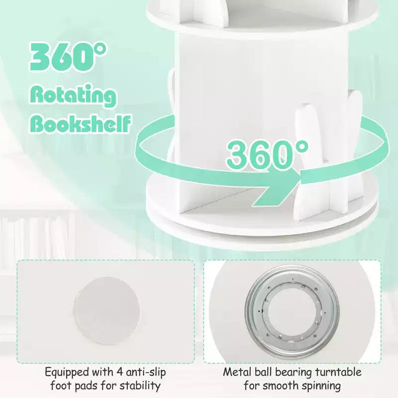 Costway Étagère à livres rotative pour enfants, 2 niveaux, autoportante, présentoir de rangement rotatif à 360°, blanc/rose