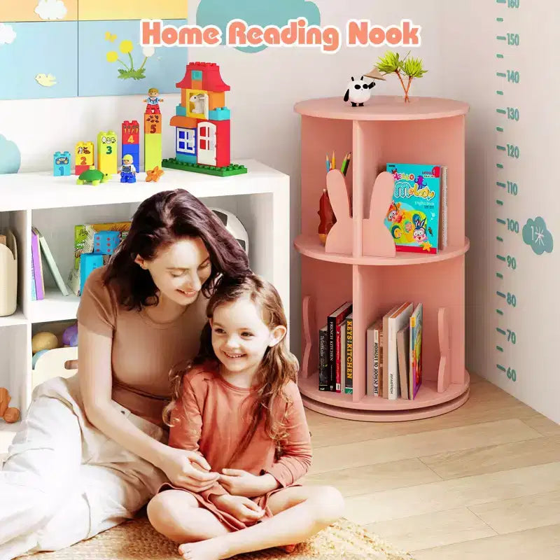 Costway Étagère à livres rotative pour enfants, 2 niveaux, autoportante, présentoir de rangement rotatif à 360°, blanc/rose