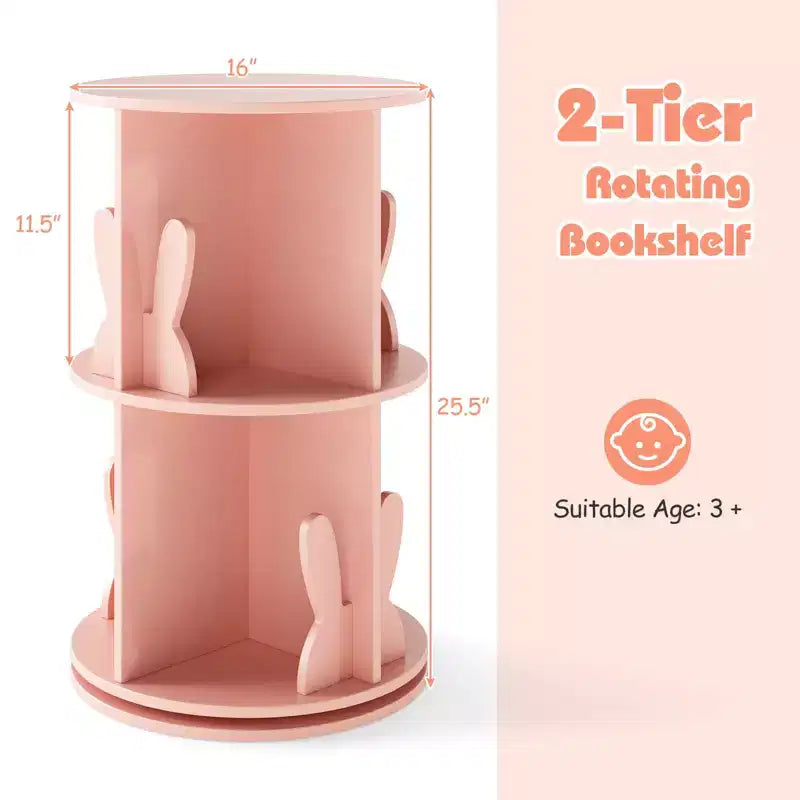 Costway Étagère à livres rotative pour enfants, 2 niveaux, autoportante, présentoir de rangement rotatif à 360°, blanc/rose