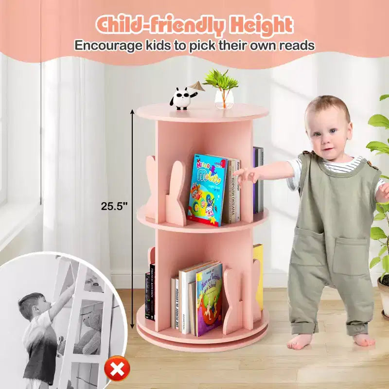 Costway Étagère à livres rotative pour enfants, 2 niveaux, autoportante, présentoir de rangement rotatif à 360°, blanc/rose