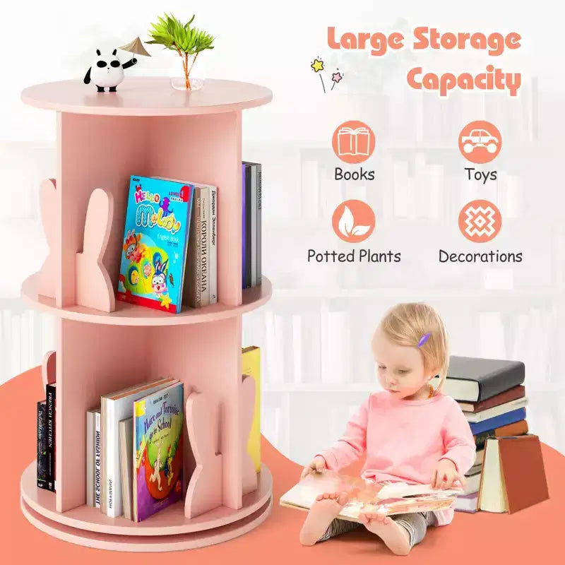 Costway Étagère à livres rotative pour enfants, 2 niveaux, autoportante, présentoir de rangement rotatif à 360°, blanc/rose
