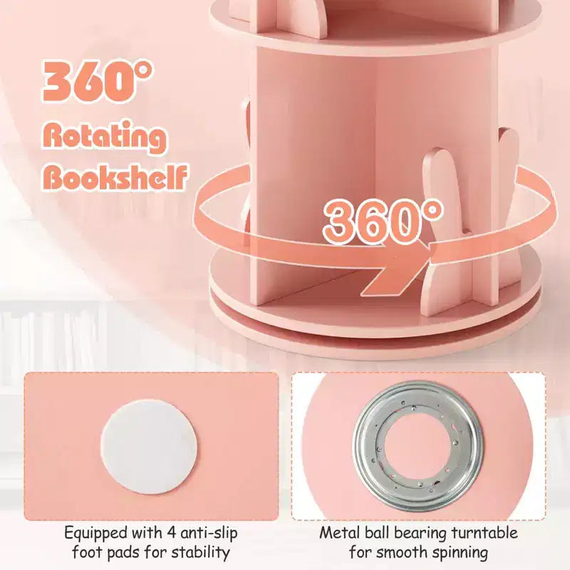 Costway Étagère à livres rotative pour enfants, 2 niveaux, autoportante, présentoir de rangement rotatif à 360°, blanc/rose