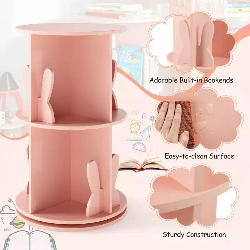 Costway Étagère à livres rotative pour enfants, 2 niveaux, autoportante, présentoir de rangement rotatif à 360°, blanc/rose