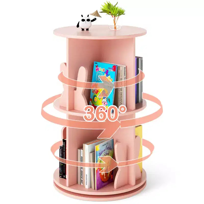 Costway Kids Rotating Bookshelf 2 Tier Freestanding 360 Revolving Display Storage Rack White/Pink