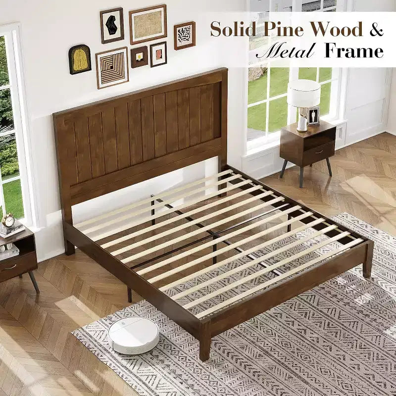 Cadre de lit en bois massif AMERLIFE, lit plateforme de style Mid-Century avec tête de lit à lignes arquées