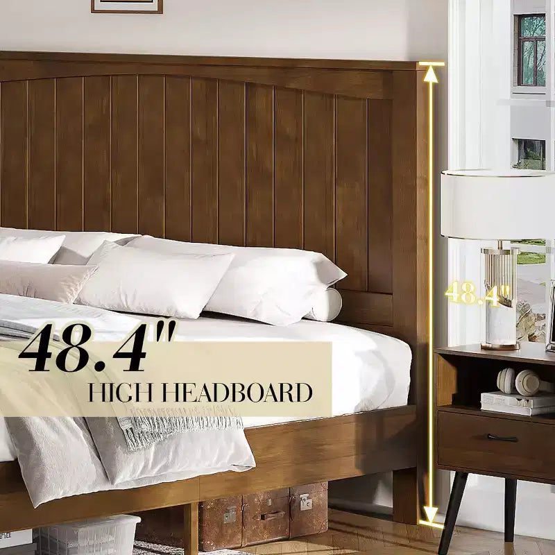 Cadre de lit en bois massif AMERLIFE, lit plateforme de style Mid-Century avec tête de lit à lignes arquées