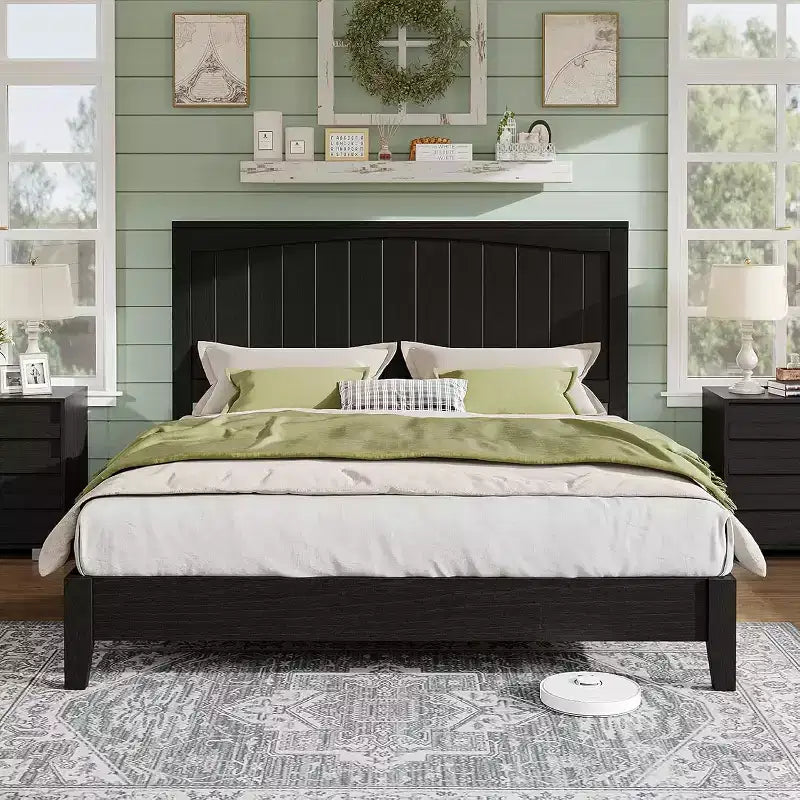 AMERLIFE Solid Wood Bed Frame, Mid Century Platform Bed with Arched Lines Headboard