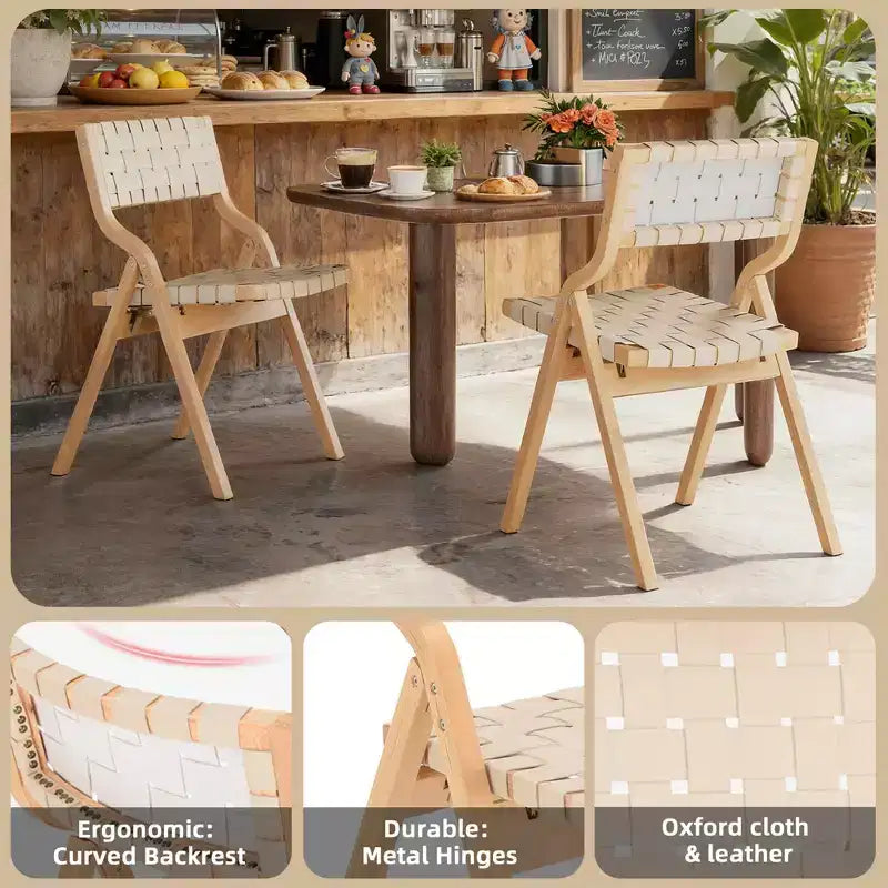 MAYEERTY Chaises de salle à manger pliables et empilables en bois, lot de 2, assise et dossier tissés, beige - naturel