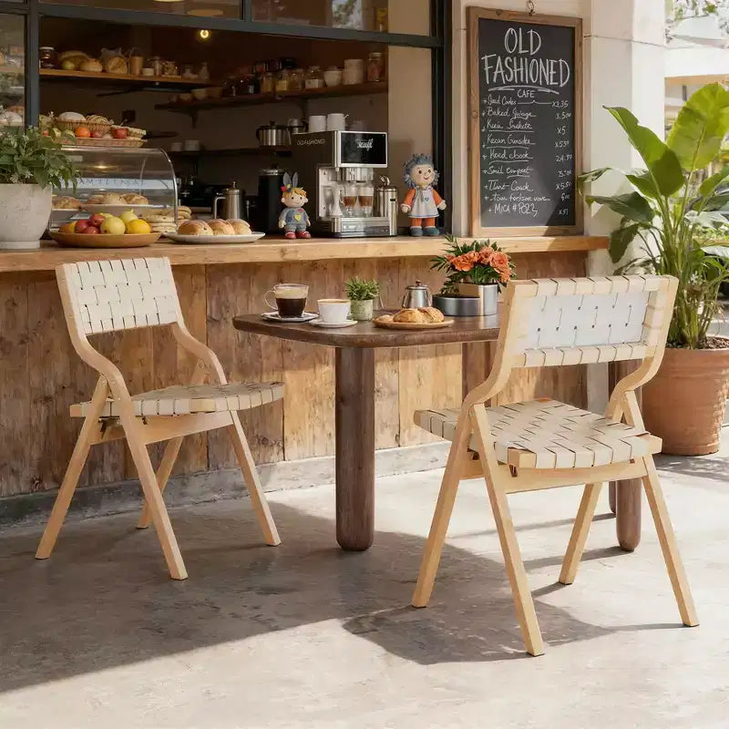 MAYEERTY Chaises de salle à manger pliables et empilables en bois, lot de 2, assise et dossier tissés, beige - naturel