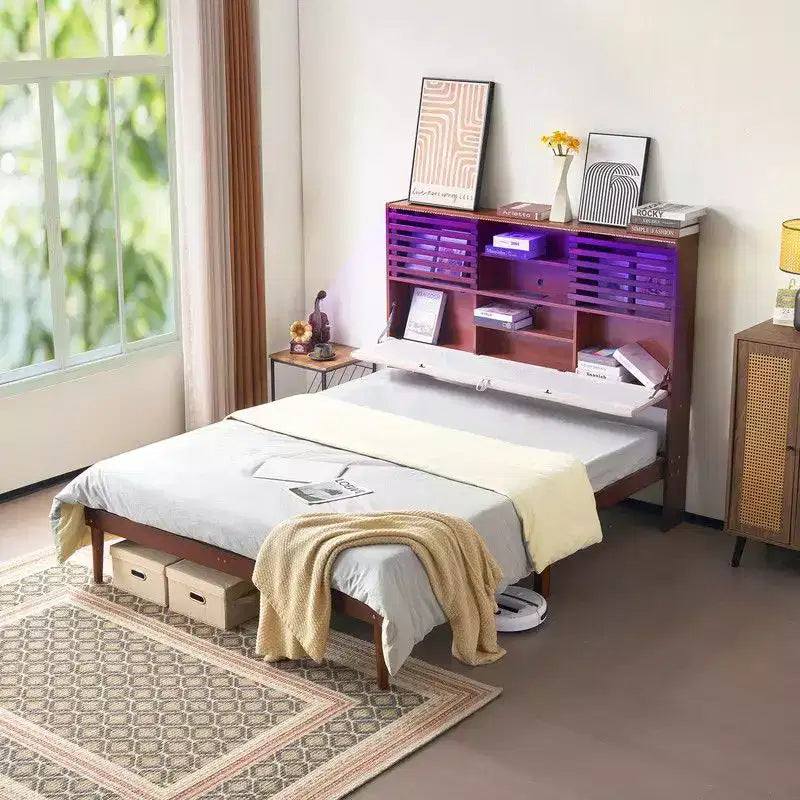 Karl Home Luxury Brown Wood Bed Frame Full Size Platform Bed with LED Upholstered Headboard, Charging Station