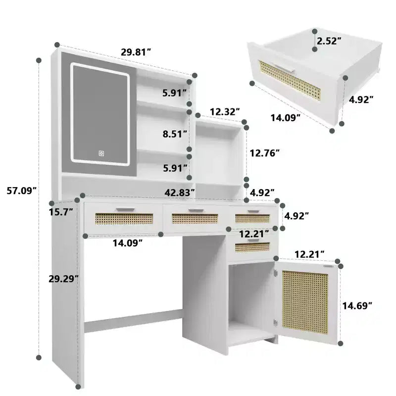 Coiffeuse Okak avec Lumières, Éclairage LED 3 Couleurs & Miroir Rabattable, Coiffeuse 4 Tiroirs avec Système de Rangement Armoire-Étagère, Blanc